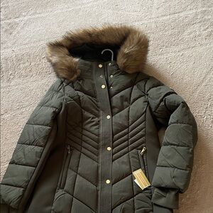 Michael Kors Women's Quilted Hooded Winter Coat with Faux Fur Trim - Olive